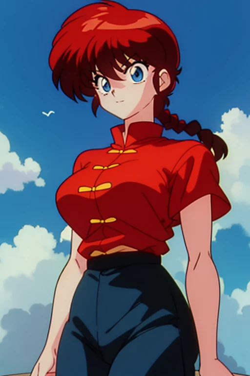 ranmachan,1girl, red_hair, single_braid, RanmaRedShirt, large_breasts, dark blue eyes, (Red Shirt:1.2), long pants,  tangzhuang, (anime:1.1), (animated painting:1.0), 1990s_(style), (smile:0.5), 16 years old, upper body, blue sky background,

