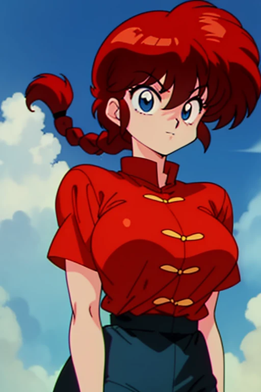 ranmachan,1girl, red_hair, single_braid, RanmaRedShirt, large_breasts, dark blue eyes, (Red Shirt:1.2), long pants,  tangzhuang, (anime:1.1), (animated painting:1.0), 1990s_(style), (smile:0.5), ************, upper body, blue sky background,

