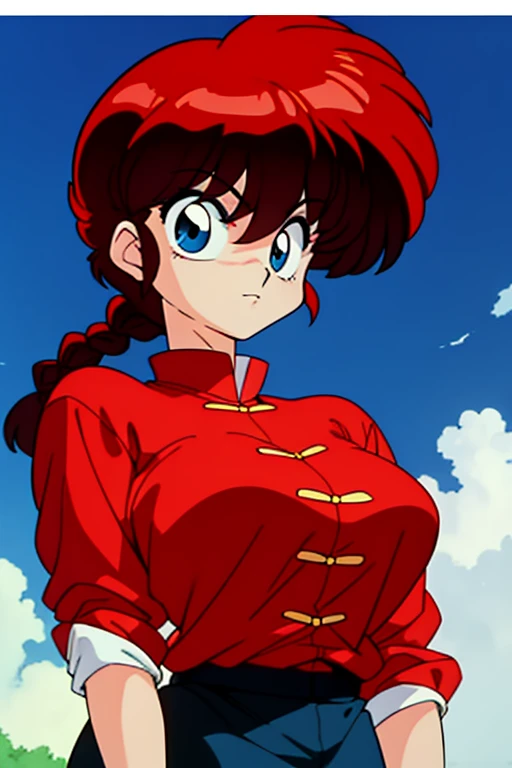 ranmachan,1girl, red_hair, single_braid, RanmaRedShirt, large_breasts, dark blue eyes, (Red Shirt:1.2), long pants,  tangzhuang, (anime:1.1), (animated painting:1.0), 1990s_(style), (smile:0.5), 16 years old, upper body, blue sky background,

