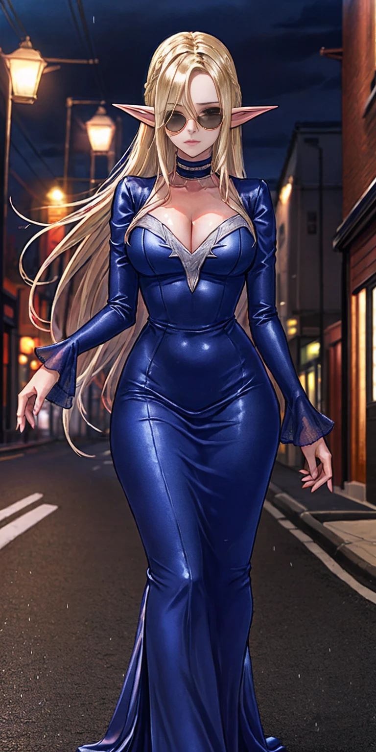 Setting: Atmospheric Street Background (Think bustling city street at night with neon lights and rain, a foggy alleyway, or a deserted highway at dusk) - Choose the specific atmosphere you desire. Character: Appearance: Ultra Quality - High level of detail and realism Shiny Skin - Glowing and healthy Long wet Hair - Flowing down the back Narrowed Eyes - Focused and intense expression (sharp or piercing) Attire: Long Dress - Elegant and flowing Pose: Fingers Crossed - A gesture hinting at hope, nervousness, or even making a wish. Accessories: Sunglasses - Adding a touch of mystery or coolness (consider the style of sunglasses to match the overall mood) Additional Notes: Consider adding details about the character's posture (standing tall, leaning against a wall, etc.) to enhance the scene. The quality of the image is 8K or Cinematic elf woman