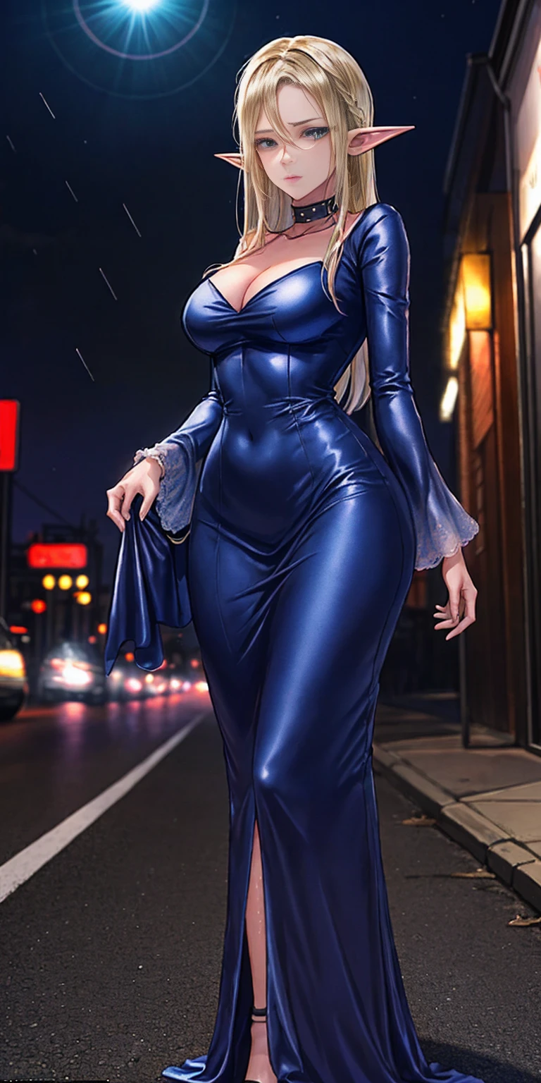 Setting: Atmospheric Street Background (Think bustling city street at night with neon lights and rain, a foggy alleyway, or a deserted highway at dusk) - Choose the specific atmosphere you desire. Character: Appearance: Ultra Quality - High level of detail and realism Shiny Skin - Glowing and healthy Long wet Hair - Flowing down the back Narrowed Eyes - Focused and intense expression (sharp or piercing) Attire: Long Dress - Elegant and flowing Pose: Fingers Crossed - A gesture hinting at hope, nervousness, or even making a wish. Accessories: Sunglasses - Adding a touch of mystery or coolness (consider the style of sunglasses to match the overall mood) Additional Notes: Consider adding details about the character's posture (standing tall, leaning against a wall, etc.) to enhance the scene. The quality of the image is 8K or Cinematic elf woman