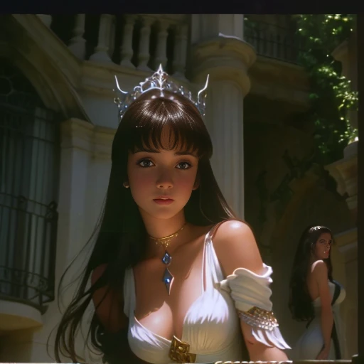 A photorealistic front facing picture of 1 young brunette woman in a lowcut white dress is leaning over a balcony with an expression of shock, in the film excalibur 1 9 8 0, actress, still from a fantasy movie, 1968 movie