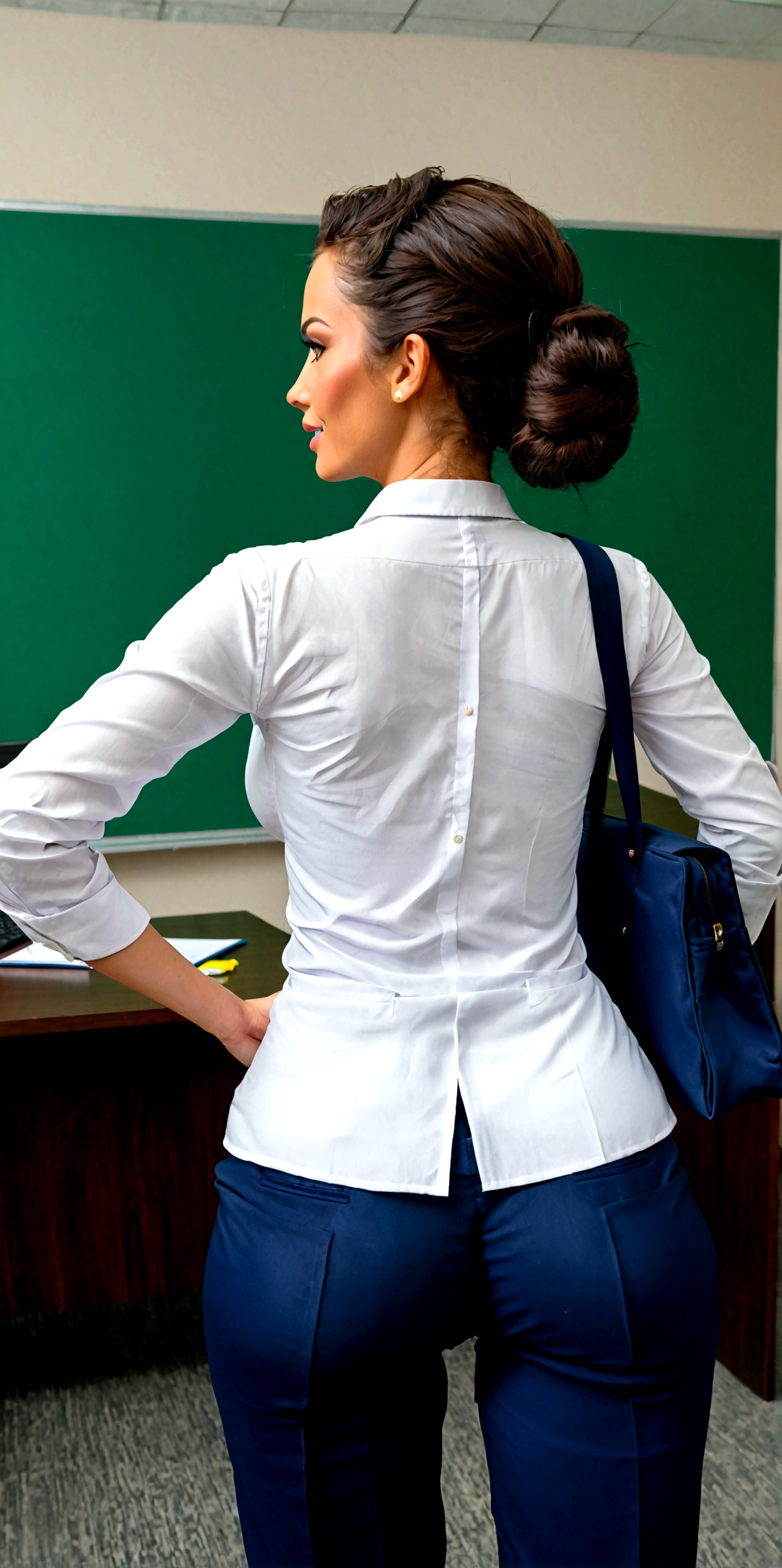 High school girl with a super erect futanari penis、Back view