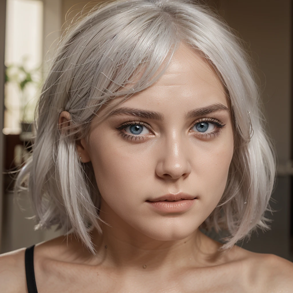 young woman with white hair, sportive, bionde , blue eyes, Realist, Bronze, espagnol, fine nose, lightly made up