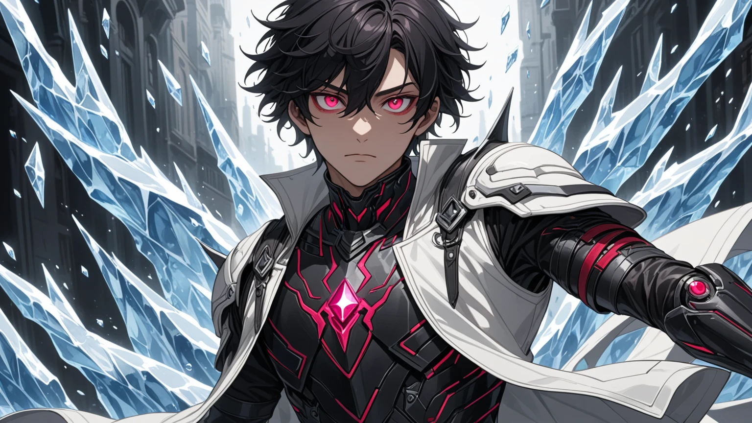 1boy, masterpiece, best quality, very aesthetic, absurdres,newest, anime style, sung jin-woo, solo leveling, black hair, HairDetailer, (ice neon palette black tech rogue armor:1.3)), (White jacket:1.3), (glows deep ruby red eyes:1.2), (gradient eyes:1.2), (symmetrical eyes:1.2), big highlight on eyes:1.3), BeautifulEye, dynamic angle, GoodHands, intricate, surreal, intricate, Add Detail,