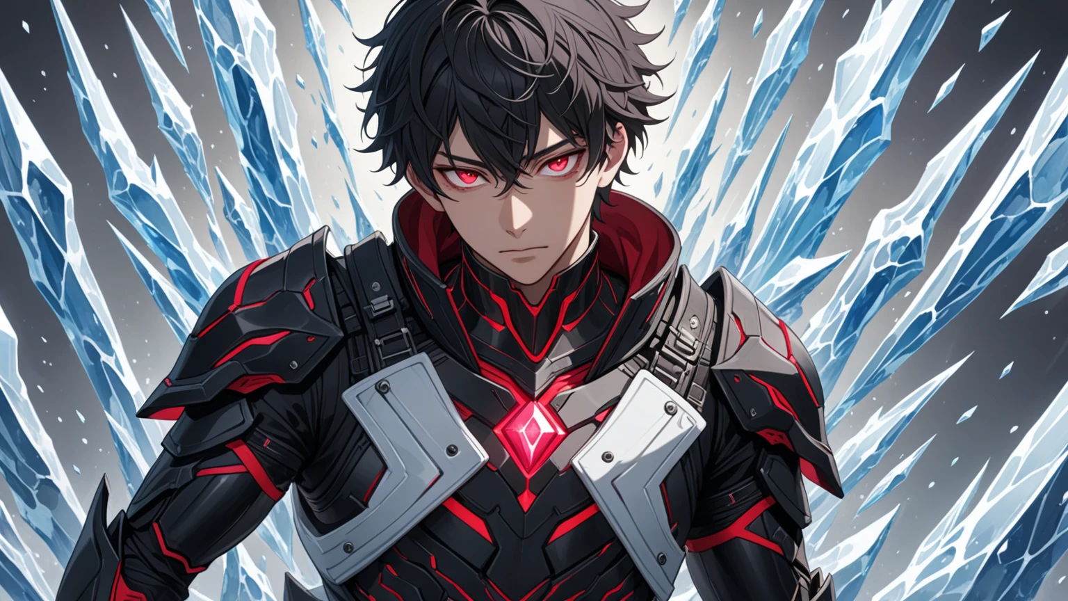 1boy, masterpiece, best quality, very aesthetic, absurdres,newest, anime style, sung jin-woo, solo leveling, black hair, HairDetailer, (ice neon palette black tech rogue armor:1.3)), (White jacket:1.3), (glows deep ruby red eyes:1.2), (gradient eyes:1.2), (symmetrical eyes:1.2), big highlight on eyes:1.3), BeautifulEye, dynamic angle, GoodHands, intricate, surreal, intricate, Add Detail,