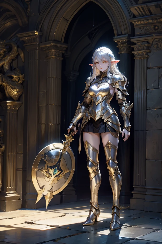 1 woman, elf, pale skin, silver hair, glowing golden eyes, muscule body, full body armor, full body, dungeon background, closed body by armor, hold a spear and shield