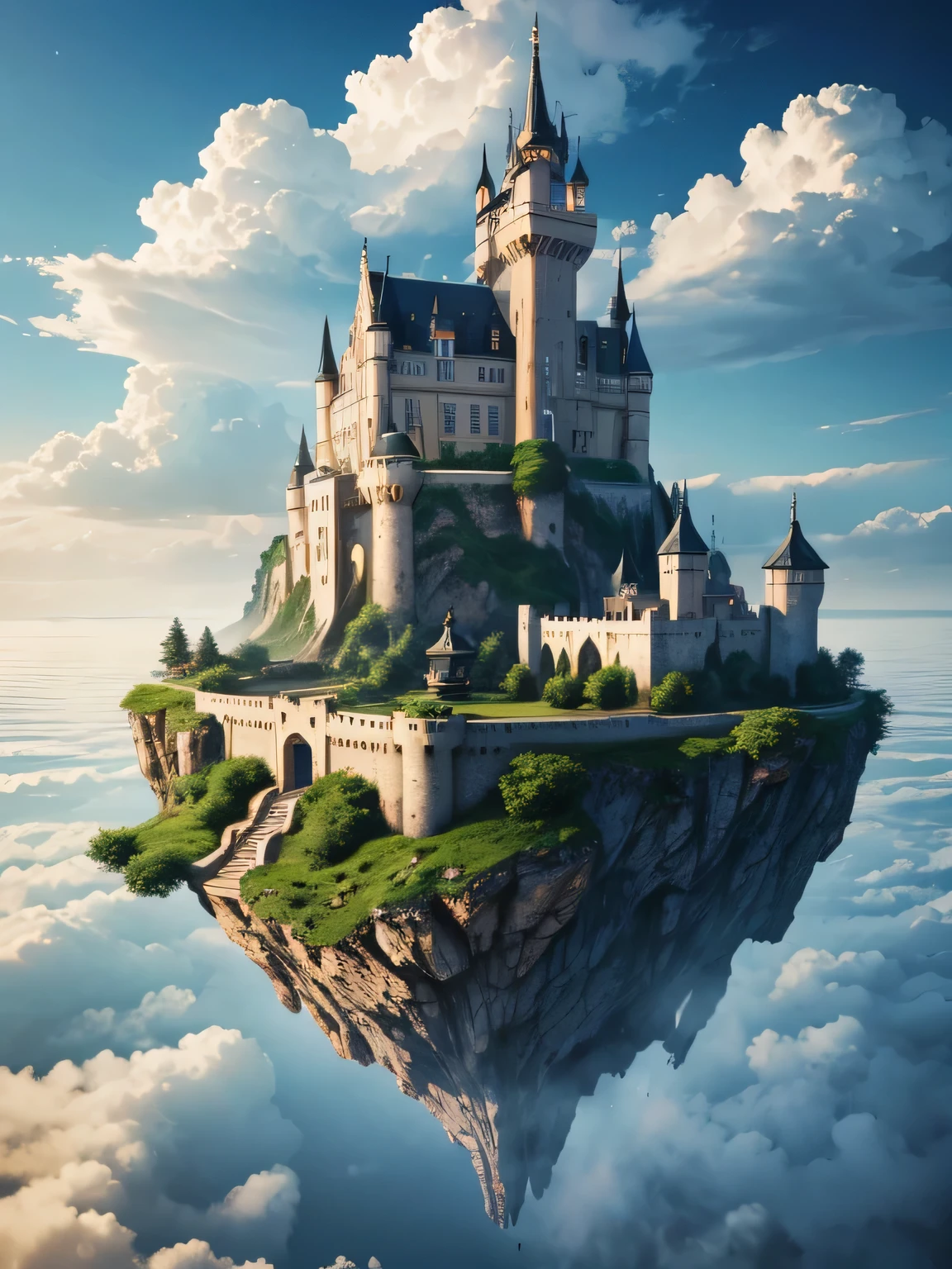 masterpiece、Highest quality、High resolution、Follow the prompts、Floating Island、Realistic、European-style stone castle、sea of clouds