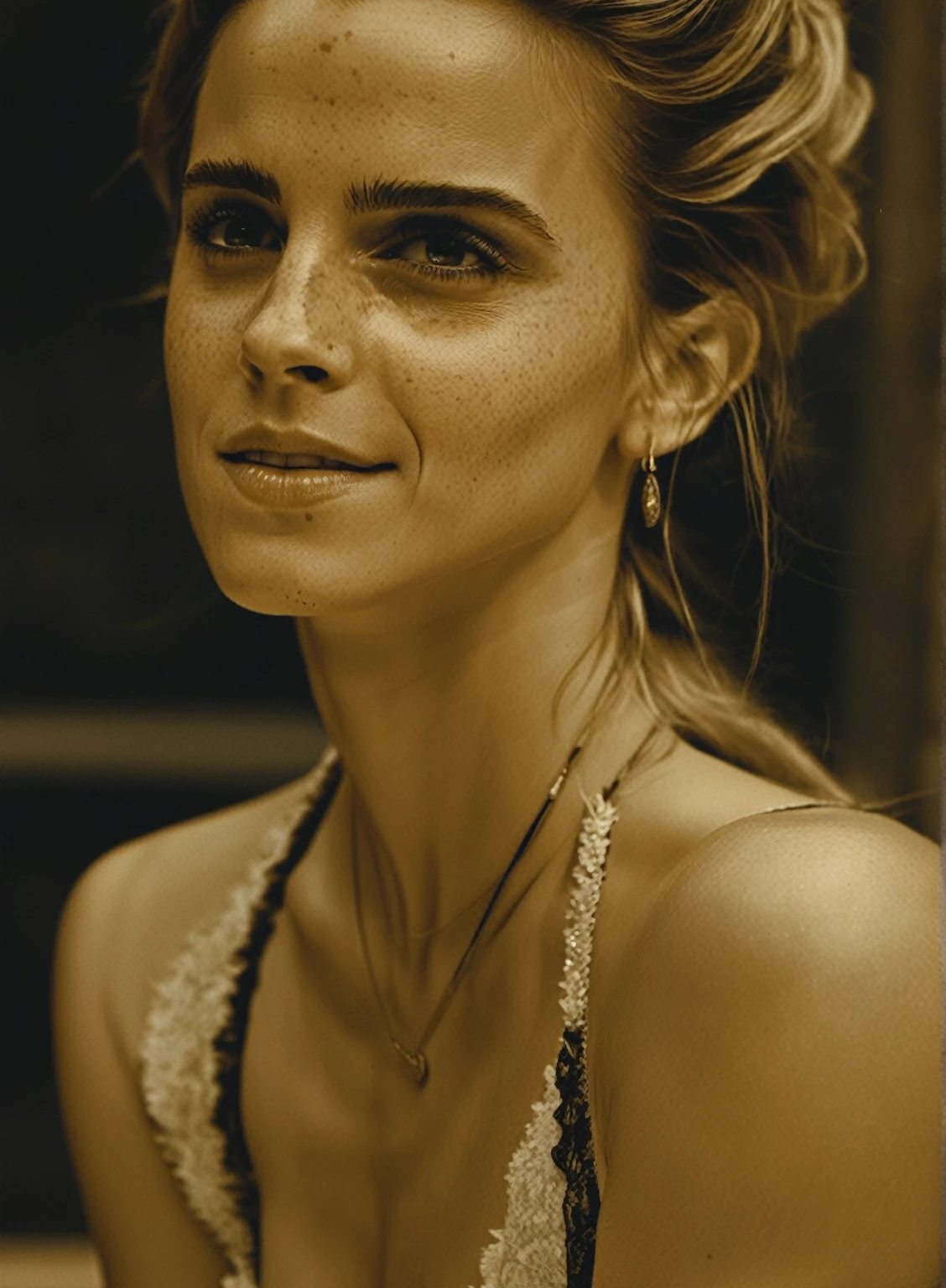 high quality  sexy photography of Emma Watson, long white blonde messi hair, happy, laughing, eyes open, perfect eyes, vintage style, highly detailed, very detailed skin texture,  (looking at viewer:1.4), full body,
  