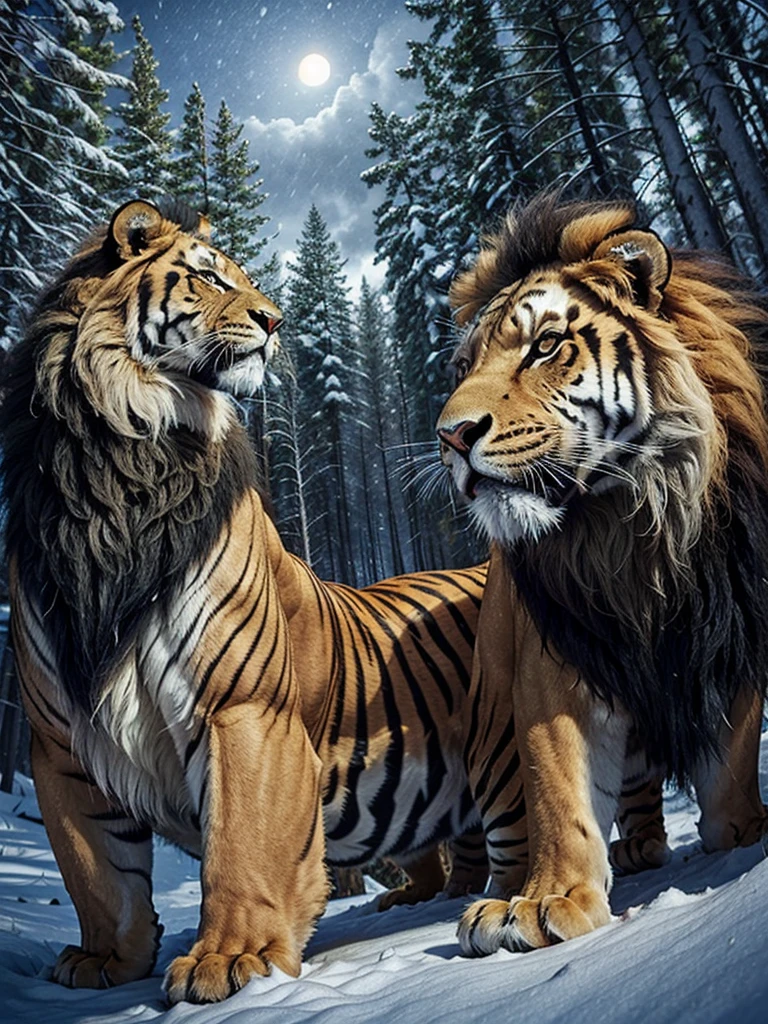 Ligre(hybrid of a lion and a female tiger). stomach 1.70 meters high. And 4 meters long. Coming out of a pine forest with dark sky and snow falling. 