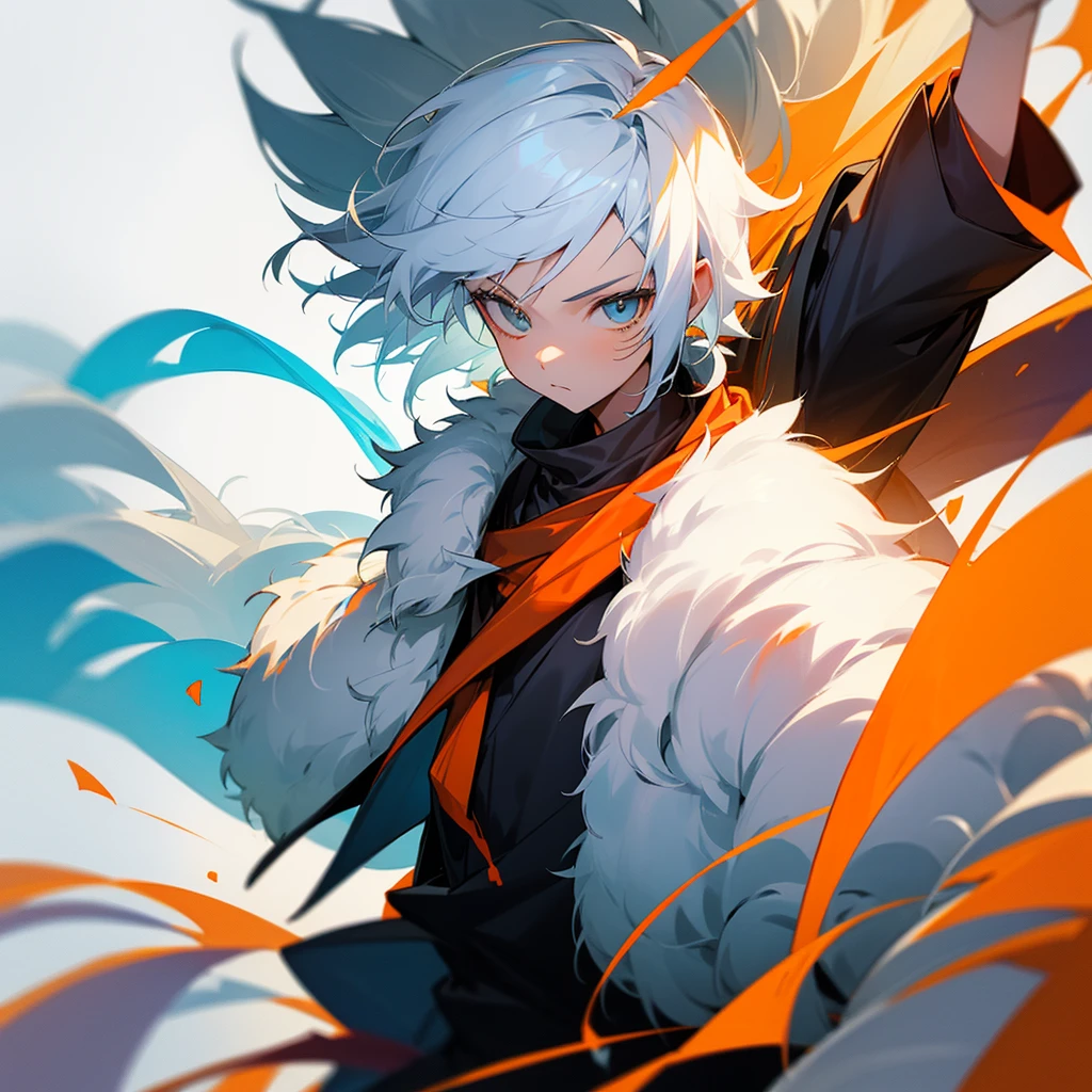 Create a 10 year old boy who has fluffy white hair, an orange wizard's cloak, an orange wizard's hat, a white tie and a cute happy face.