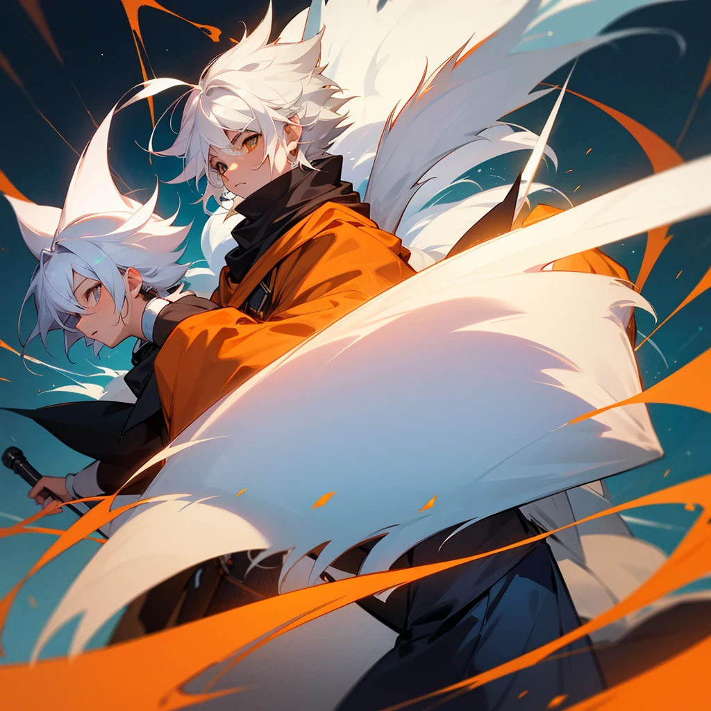 Create a 10 year old boy who has fluffy white hair, an orange wizard's cloak, an orange wizard's hat, a white tie and a cute happy face.