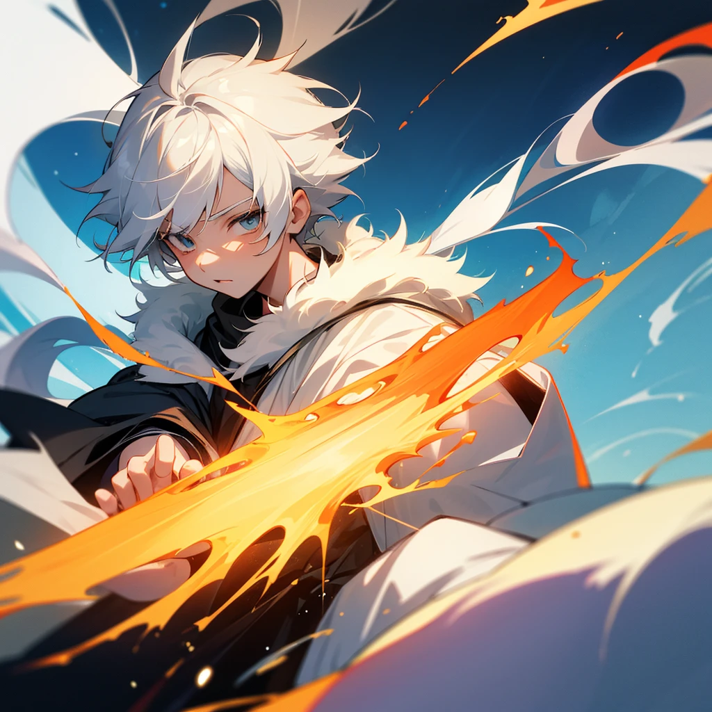 Create a 10 year old boy who has fluffy white hair, an orange wizard's cloak, an orange wizard's hat, a white tie and a cute happy face.