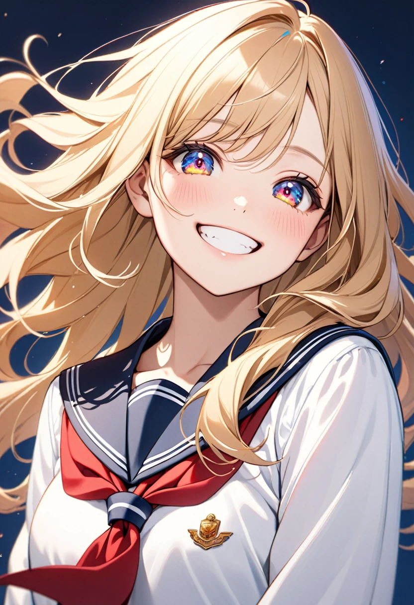 8K, Female model, big wavy blonde hair, multicolored eyes, cheerful grin, navy blue white and red school uniform