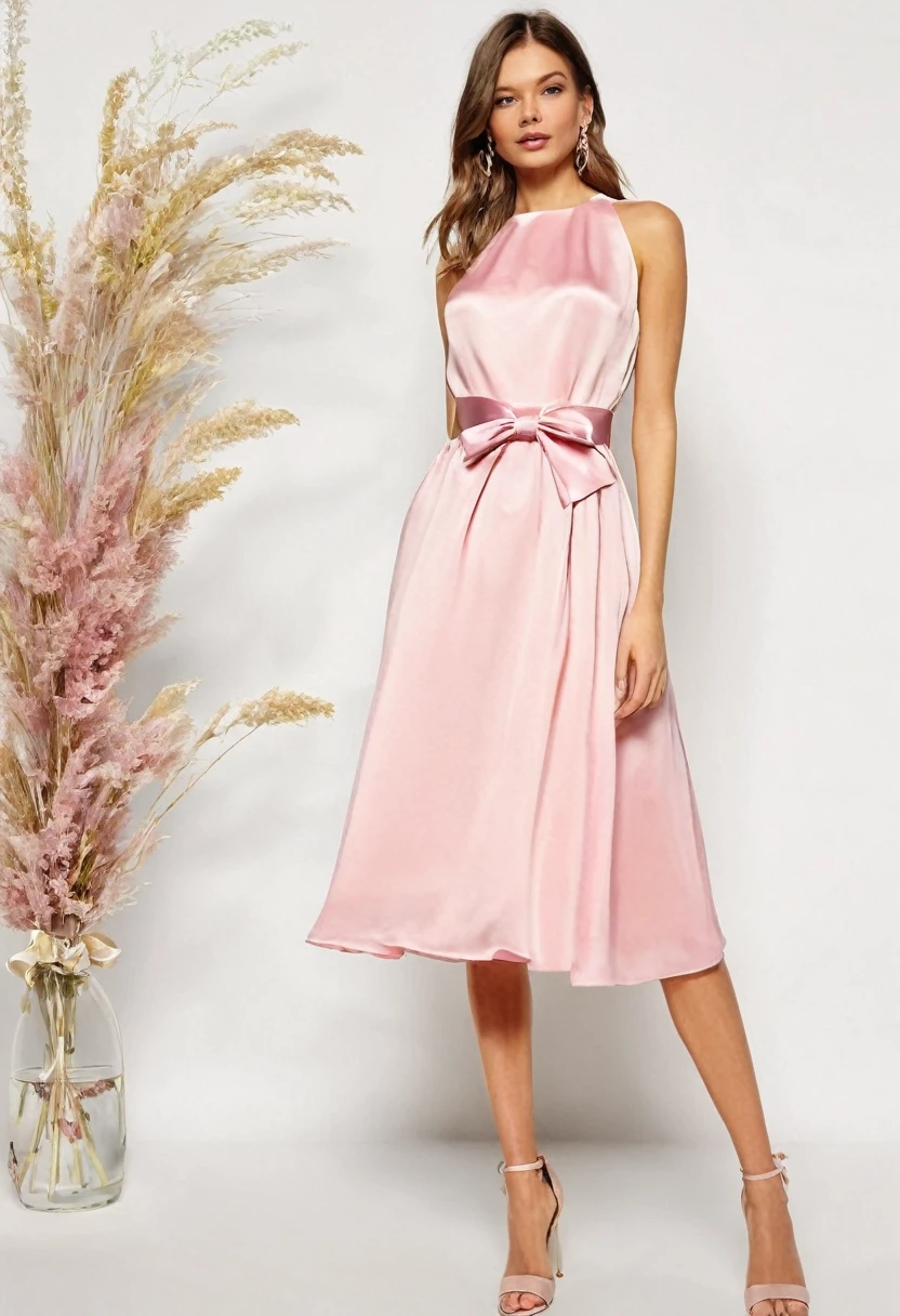 Design a beautiful woman' party dress in pink. The dress should be midi-length, made of silk, and feature lovely bows on the waistband. Suitable for a formal party.