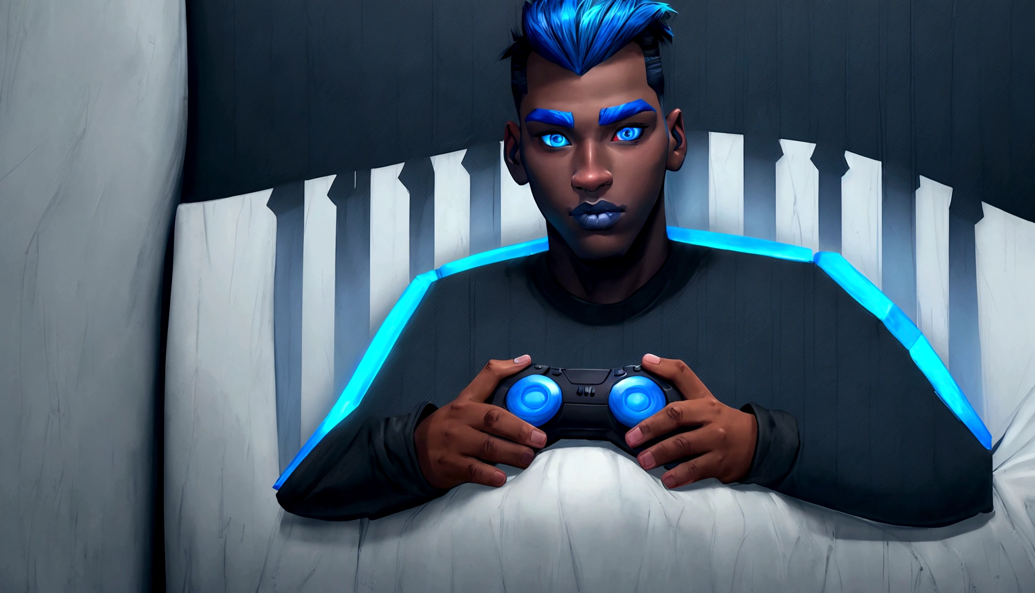 A black ager with blue hair on the sides and black on top, eyes with light blue and dark blue heterochromia, wearing a black shirt, playing video game, work of art, style cartoon