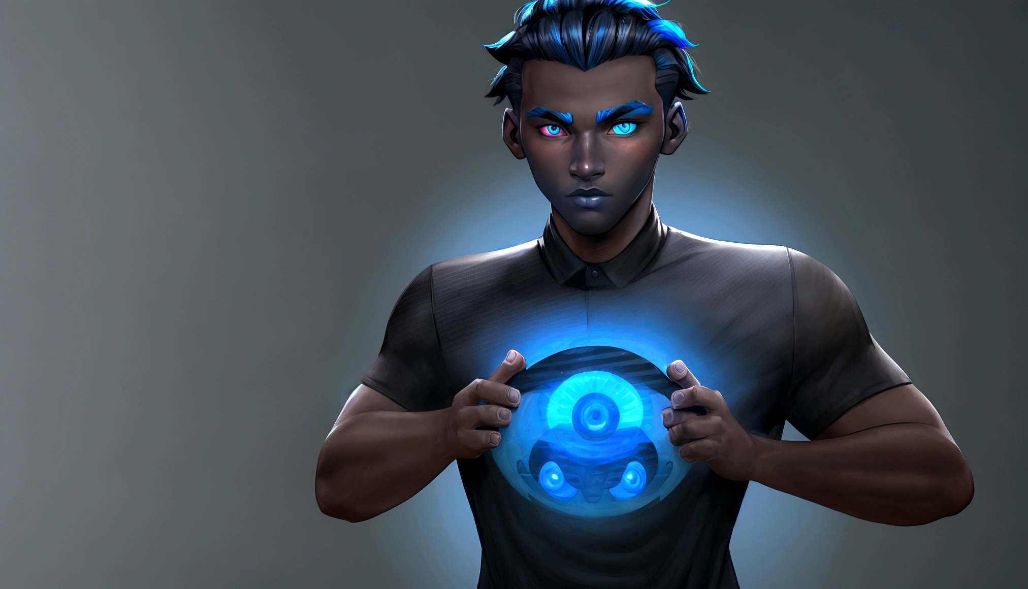 A black teenager with blue hair on the sides and black on top, eyes with light blue and dark blue heterochromia, wearing a black shirt, playing video game, work of art, style cartoon