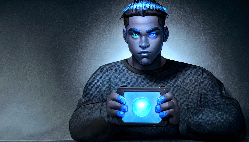 A black ager with blue hair on the sides and black on top, eyes with light blue and dark blue heterochromia, wearing a black shirt, playing video game, work of art, style cartoon