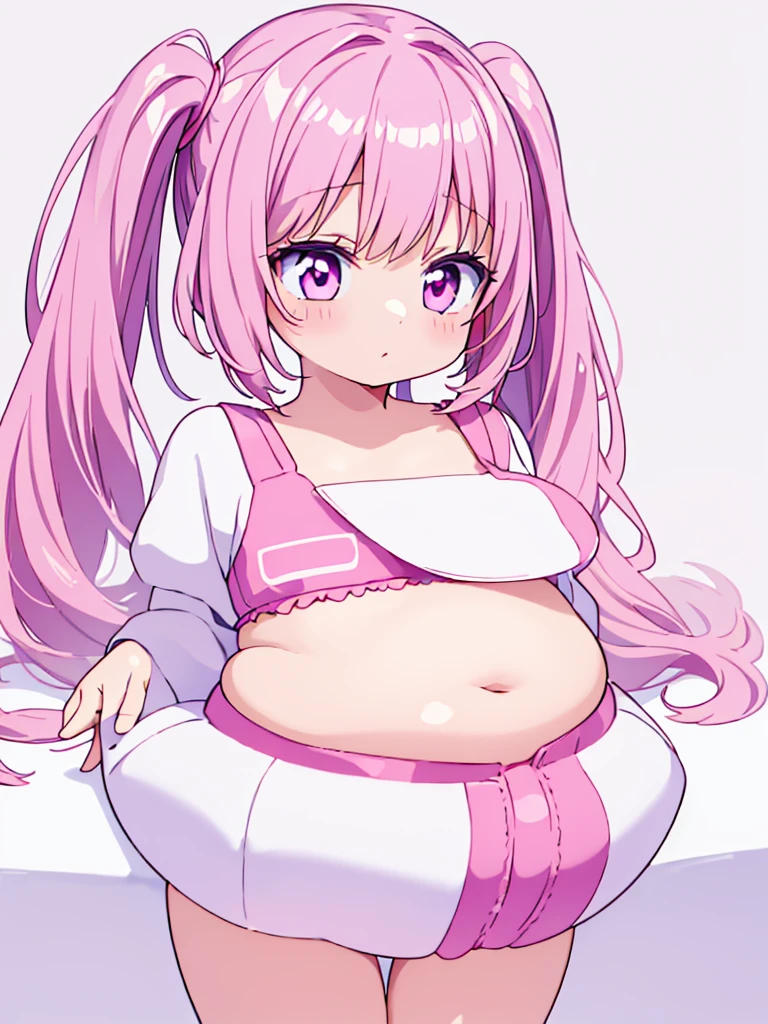 High resolution, extremely detailed, masterpiece, 1girl, long pink pigtails, pink eyes, round face, extremely adorable, premature body, small, short, very cute race, big eyes, ultra cute, simple
