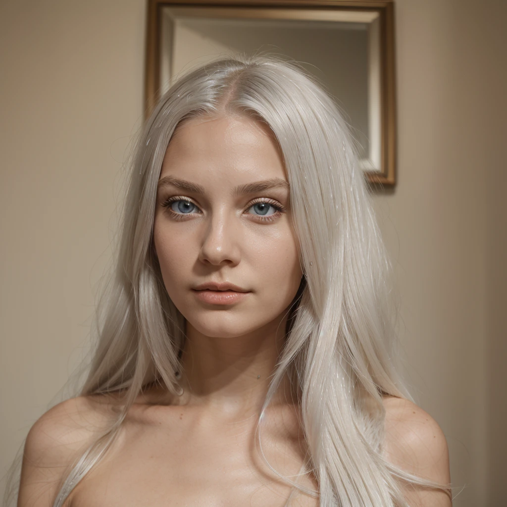 young woman long white hair , sportive, bionde , blue eyes, Realist, Bronze, espagnol, fine nose, lightly made up