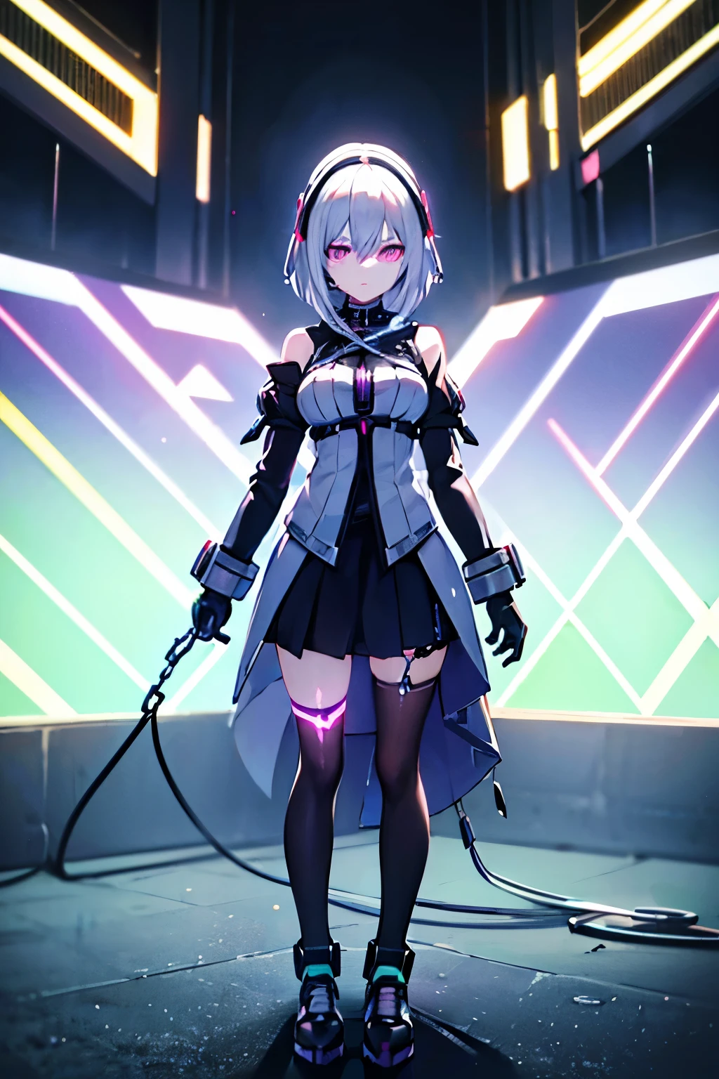 Android Girl,white hair,short and messy hair, purple neon eyes, Holding a chain whip, chains whip, chains on the hands,chains action, very cute, skirt, white blouse, cyberpunk style, dinamic  actions, eletronic gloves, mecanic parts, eletronic details,living room background.HD lighting and dark )(epic image quality) dark atmosphere with bright particle light(many effects in background), dinamic shot, robot, neon tweaks, cyberpunk theme