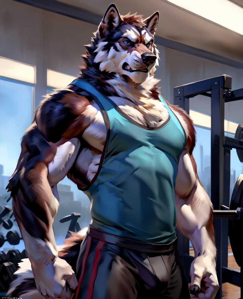 alaskan malamute, masculine, male, trained alaskan malamute, standing, brave, very muscular, pectorals, muscular chest, taran fiddler style, chunie style, virtyalfobo style, detailed eyes, gym background, wearing gym tank tops, proud, serious face, angry eyes