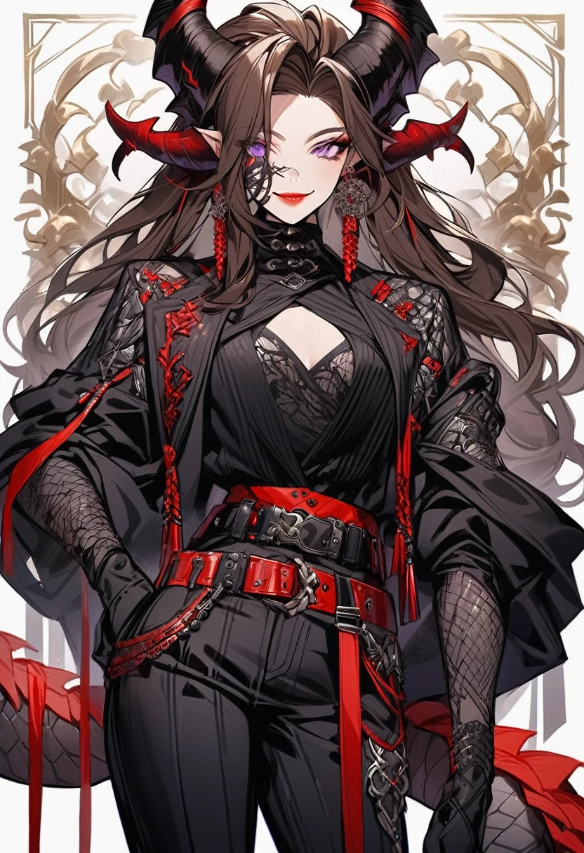 Tall woman, cheeky smile, brunette, hair gathered in a low bun, strands on the sides of face, red and black clothes with open chest, purple eyes, dragon tail and horns, belts, pants, many details, light lipstick