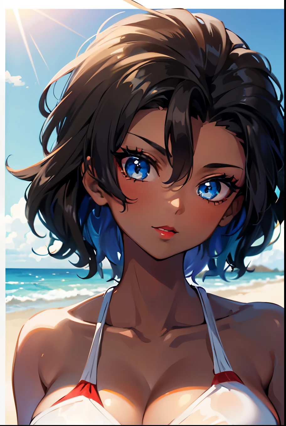 8K,high quality,anime、Black hair, blue eyes, brown skin, high quality, swimsuit, seaside background,Black hair, blue eyes, brown skin, high quality, swimsuit, seaside background, dark face makeup, red lipstick,