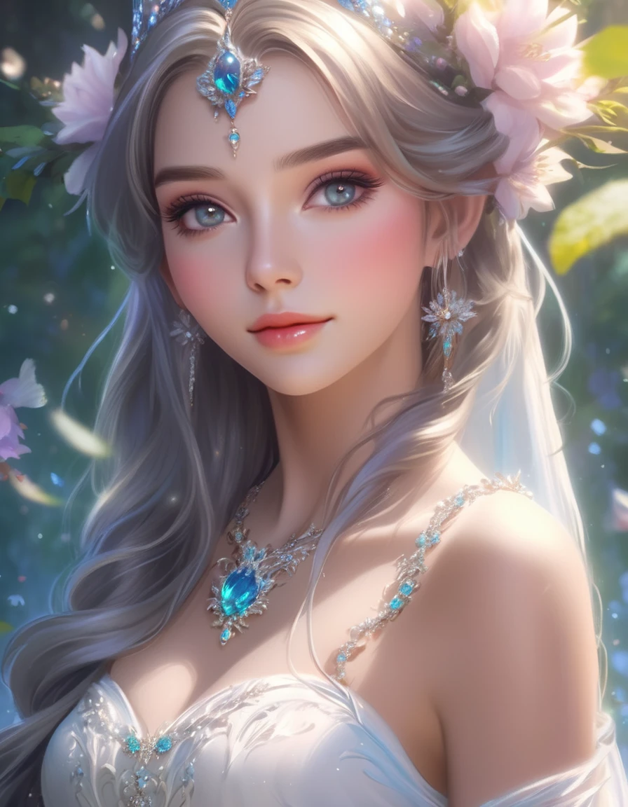 Wear a tiara、Long-haired woman with flowers in her hair, Gwaiz, artwork in the style of Gwaiz, 8k high quality detailed art, Fantasy art style, Heavenly Beauty, Beautiful Anime Girls, Beautiful fantasy art, Beautiful fantasy maiden, beautiful fantasy portrait, Beautiful and elegant elven queen, Beautiful fantasy art portrait, Trending on cgstation