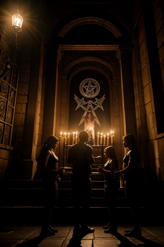 A group of occultists performing an ARS GOETIA ritual in an urban setting, with demonic symbols and seals projected onto the walls. The scene is lit by modern lights and candles..cinematic,Realistic, cinematic, high 8k resolution,hyperrealism,cinematic lighting, professional photography,