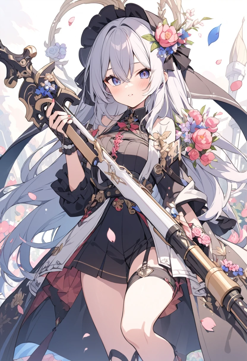 Masterpiece, Best, Night, Full Moon, 1 Female, Mature Woman, Chinese Style, Ancient China, Elder Sister, Royal Sister, Cold Face, Expressionless, Silver White Long Haired Woman, Pale Pink Lips, Calm, Intellectual, Three Belts, Gray Hitomi, assassin, dagger, flower ball background, street view