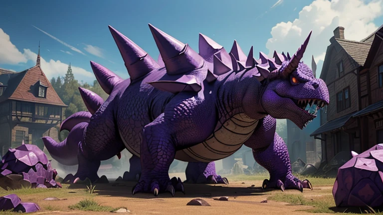 Create an image of a 20 meter tall tarrasque. The tarrasque must have several purple stones embedded in its skin and scales.. Around the tarrasque, there should be some medieval-style houses and crystal fragments smaller than him scattered across the ground. The setting must be all medieval, and the tarrasque must look scary and imposing.
