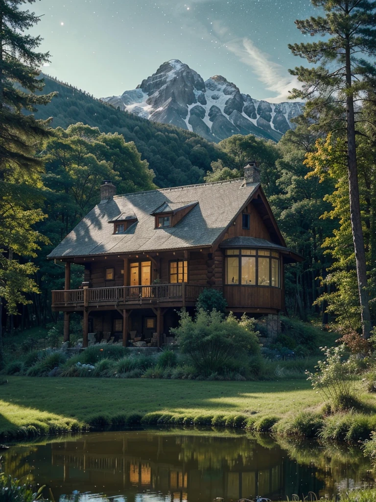 Cozy house in the forest with a beautiful pond in front of it and mountains in the background. May there be a clear starry night in the sky with bright constellations