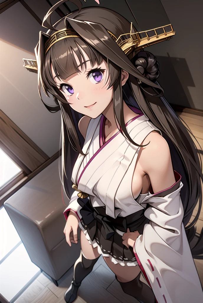 Ship Kongo, black, Ahoge, Brown Hair, Double good, Hair Bun, Hair Bunド, headgear, Long Hair, (Purple eyes:1.1), 
Breaking Boots, Removable sleeves, kimono, Non-traditional Shrine Maiden, Ribbon trim, Sleeves edged with ribbon, Thigh-high boots, Wide sleeves,
壊す looking at viewer, smile, blush, whole body,Standing Break Living, Office Room, Break the lower body (masterpiece:1.2), Highest quality, High resolution, unity 8k wallpaper, (shape:0.8), (Beautiful details:1.6), Highly detailed face, Perfect lighting, Highly detailed CG, (Perfect hands, Perfect Anatomy),(panties) ((Flashy underwear)) In underwear, Skirt flip,