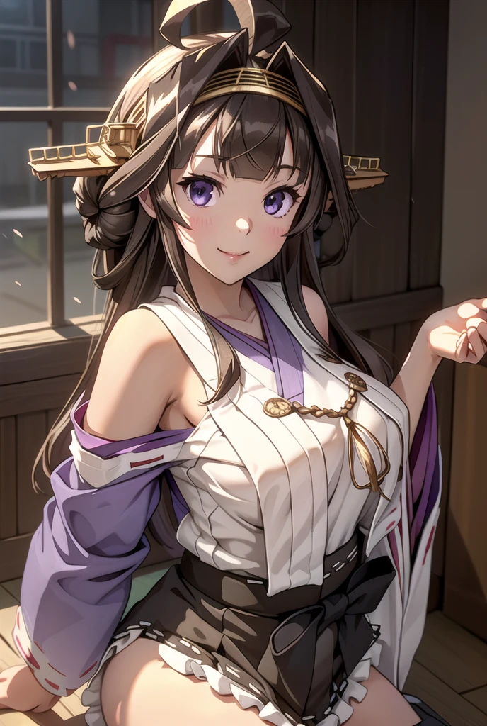 Ship Kongo, black, Ahoge, Brown Hair, Double good, Hair Bun, Hair Bunド, headgear, Long Hair, (Purple eyes:1.1), 
Breaking Boots, Removable sleeves, kimono, Non-traditional Shrine Maiden, Ribbon trim, Sleeves edged with ribbon, Thigh-high boots, Wide sleeves,
壊す looking at viewer, smile, blush, whole body,Standing Break Living, Office Room, Break the lower body (masterpiece:1.2), Highest quality, High resolution, unity 8k wallpaper, (shape:0.8), (Beautiful details:1.6), Highly detailed face, Perfect lighting, Highly detailed CG, (Perfect hands, Perfect Anatomy),(panties) ((Flashy underwear)) In underwear, Skirt flip,