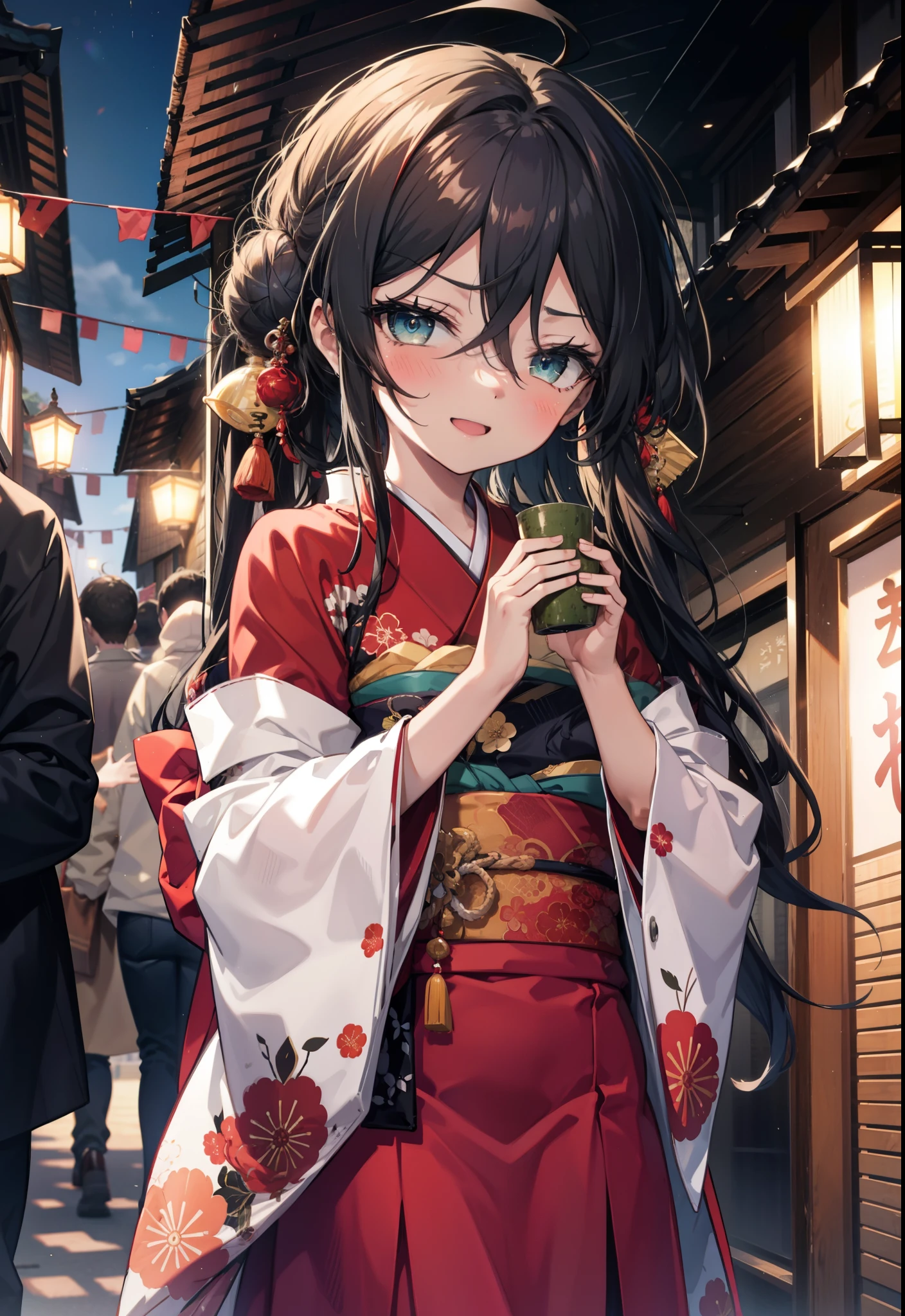 Shana,灼眼のShana,Long Hair, Red hair,Red eyes,Ahoge,smile,blush,Open your mouth,Hair Bun, single Hair Bun,blush,Red Kimono,Thick sleeves,Red long skirt,日本のfestival,夏festivalの屋台,Red lantern,So that the whole body goes into the illustration,Walking,　　　　　　　　　　　  break looking at viewer, Upper Body (Cowboy Shot:1. 5),  　　　　　　　　　　　　　　　　　　break outdoors, shrine,festival, 　　　　　　　　　　　　　break (masterpiece:1.2), Highest quality, High resolution, unity 8k wallpaper, (shape:0.8), (Beautiful and beautiful eyes:1.6), Highly detailed face, Perfect lighting, Highly detailed CG, (Perfect hands, Perfect Anatomy),