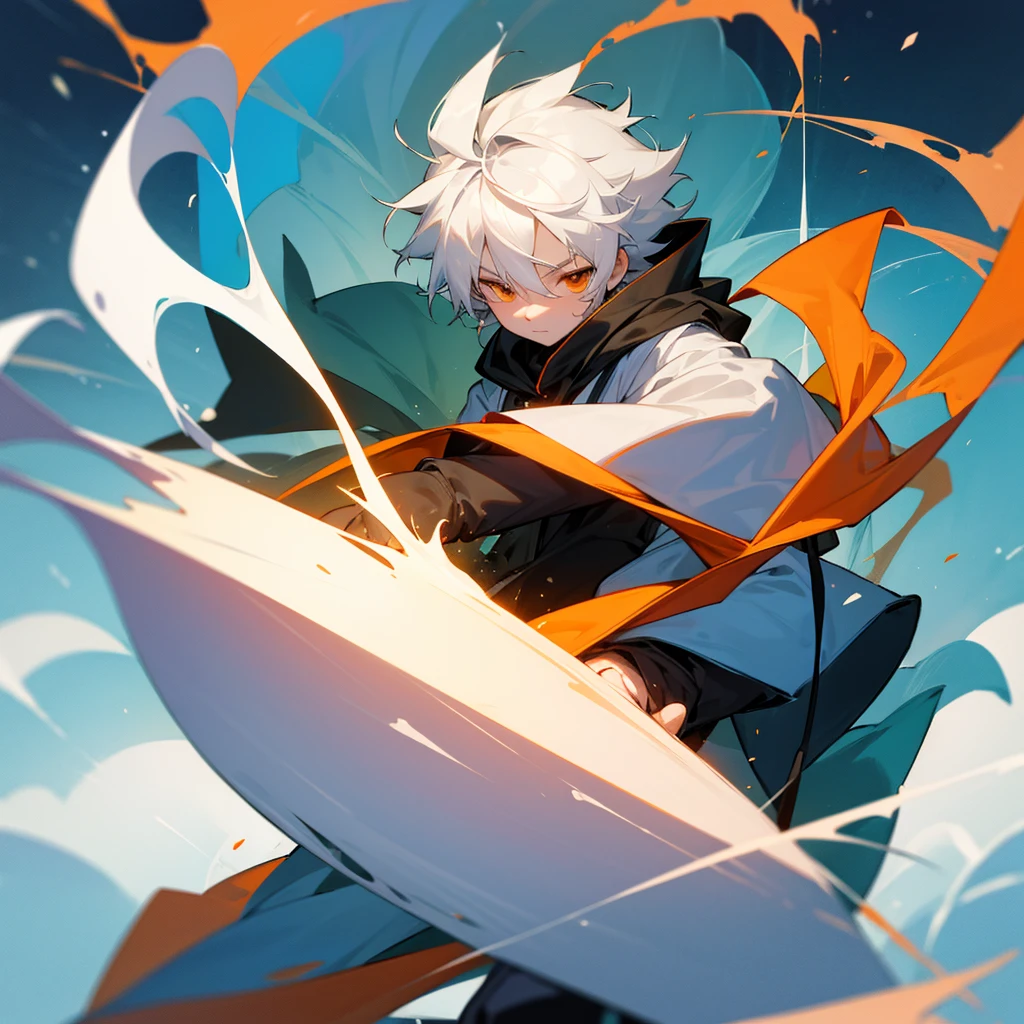 Create a 10 year old boy who has fluffy white hair, an orange wizard's cloak, an orange wizard's hat, a white tie and a cute happy face.