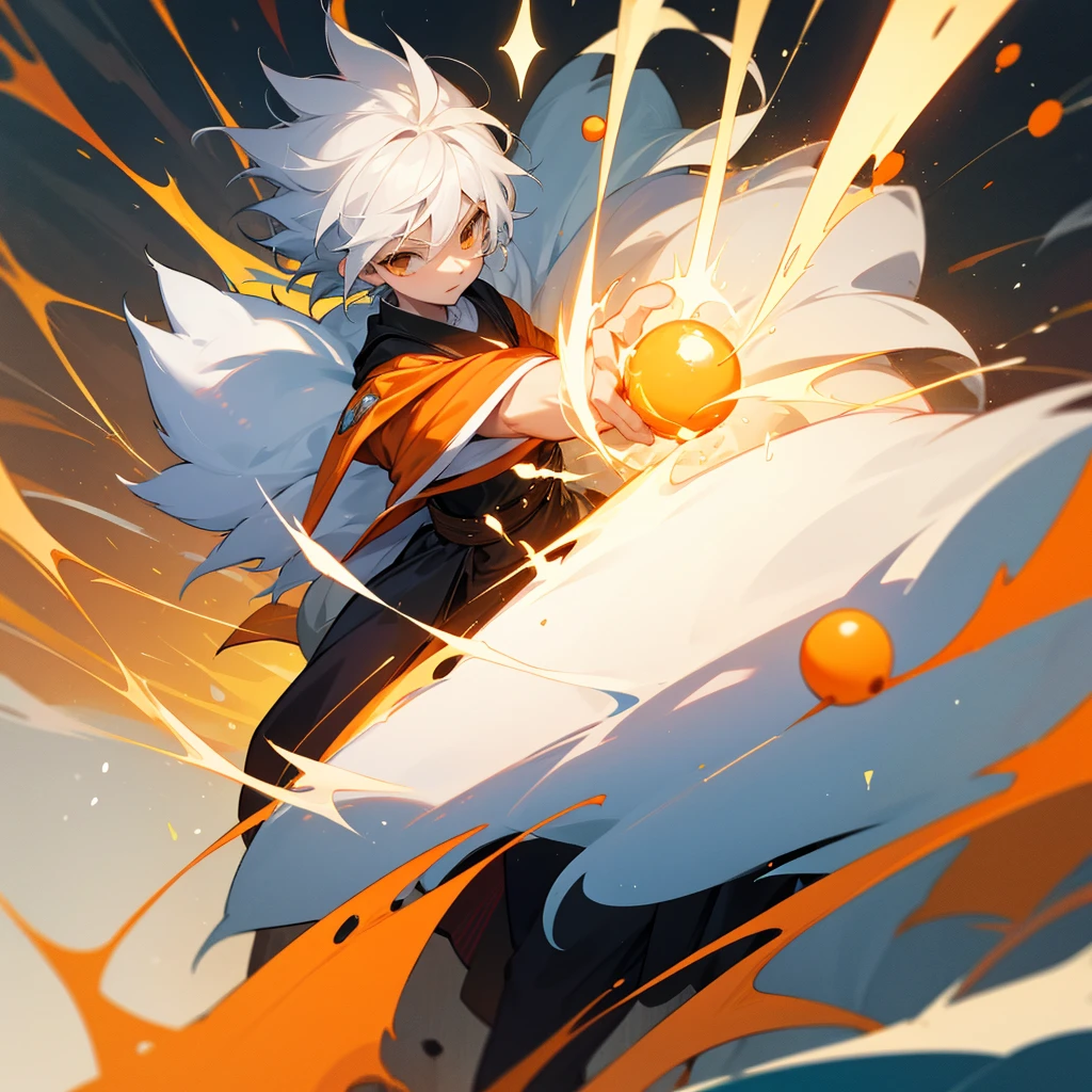 Create a  boy who has fluffy white hair, an orange wizard&#39;s cloak, an orange wizard&#39;s hat, a white tie and a cute happy face. 