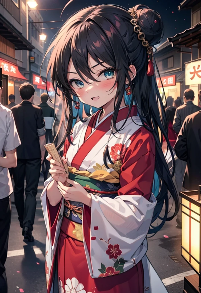 Shana,灼眼のShana,Long Hair, Red hair,Red eyes,Ahoge,smile,blush,Open your mouth,Hair Bun, single Hair Bun,blush,Red Kimono,Thick sleeves,Red long skirt,日本のfestival,夏festivalの屋台,Red lantern,So that the whole body goes into the illustration,Walking, break looking at viewer, Upper Body (Cowboy Shot:1. 5), break outdoors, shrine,festival, break (masterpiece:1.2), Highest quality, High resolution, unity 8k wallpaper, (shape:0.8), (Beautiful and beautiful eyes:1.6), Highly detailed face, Perfect lighting, Highly detailed CG, (Perfect hands, Perfect Anatomy),