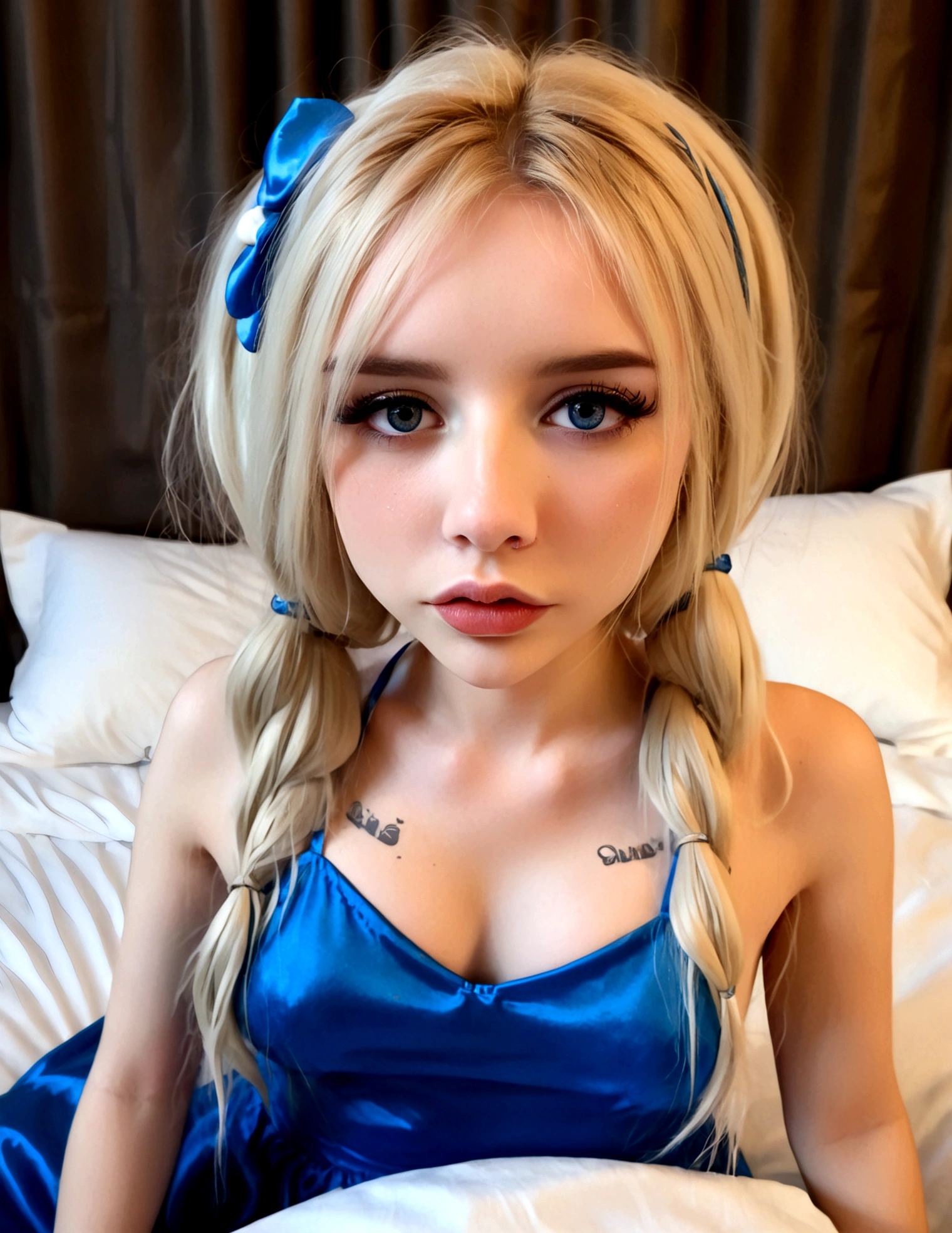 beautiful detailed eyes, beautiful detailed lips, extremely detailed eyes and face, long eyelashes, 1girl, cosplay, smurf, nude, blue, big poofy blonde hair, lewd poses, dress on bed, mushroom themed bedroom, best quality, 4k, 8k, highres, masterpiece:1.2, ultra-detailed, realistic, photorealistic, photo-realistic:1.37, HDR, UHD, studio lighting, ultra-fine painting, sharp focus, physically-based rendering, extreme detail description, professional, vivid colors, bokeh, fantasy, digital art, concept art
