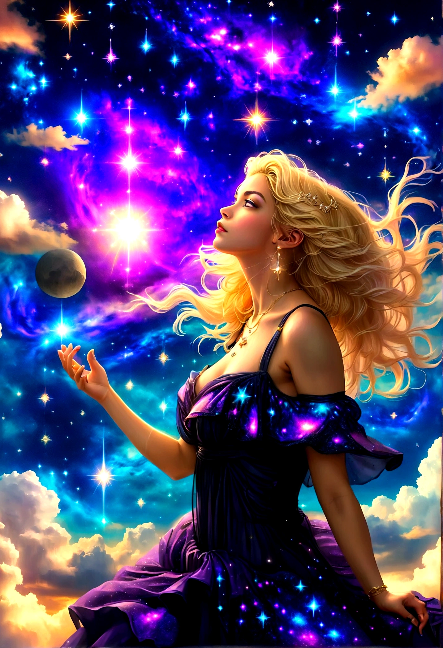 a portrait of an astrologer looking to the sky at libra constellation in the night sky, an extraordinary beautiful woman, there is magic in her eyes divining the future from the Libra constellation, blond hair, dynamic hair style, wearing an intricate dark purple dress decorated with glowing stars, she looks to the night sky seeing the ((Libra constellation in the sky: 1.5)), vibrant, Ultra-high resolution, High Contrast, (masterpiece:1.5), highest quality, Best aesthetics), best details, best quality, highres, 16k, [ultra detailed], masterpiece, best quality, (extremely detailed), Cinematic Hollywood Film, magical sky, FireMagicAI, dark novel