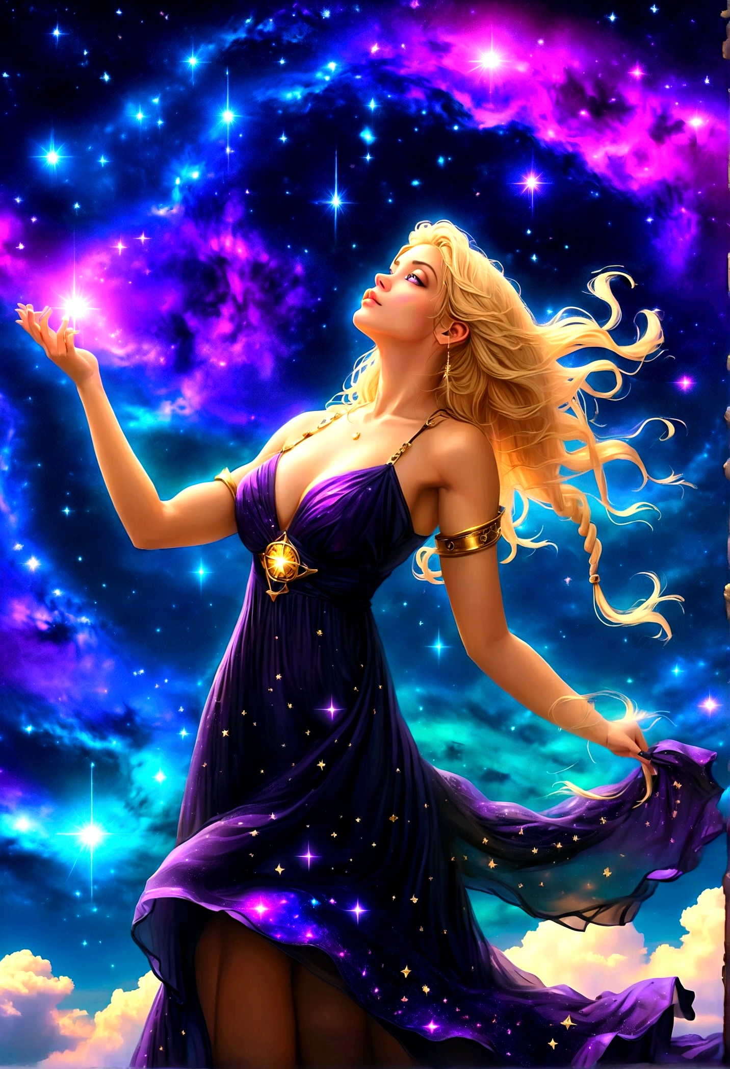 a portrait of an astrologer looking to the sky at libra constellation in the night sky, an extraordinary beautiful woman, there is magic in her eyes divining the future from the Libra constellation, blond hair, dynamic hair style, wearing an intricate dark purple dress decorated with glowing stars, she looks to the night sky seeing the ((Libra constellation in the sky: 1.5)), vibrant, Ultra-high resolution, High Contrast, (masterpiece:1.5), highest quality, Best aesthetics), best details, best quality, highres, 16k, [ultra detailed], masterpiece, best quality, (extremely detailed), Cinematic Hollywood Film, magical sky, FireMagicAI, dark novel