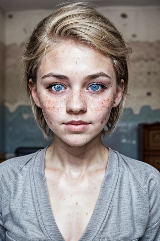 14 year old teenage girl, orphan from the orphanage, Hooligan, Mischievous, (flat chest:1.5), old wrinkled grayish cotton T-shirt, unevenly cut very tousled and disheveled dirty hair to the shoulders, blonde, Beautiful round face, blue eyes, Long eyelashes, piercing gaze, closed mouth, thin build, Abundance of large freckles, moles, room in need of renovation in the old Soviet dormitory of an orphanage, Dim lighting, faded gray tones, masterpiece, complex part, Ideal Anatomy