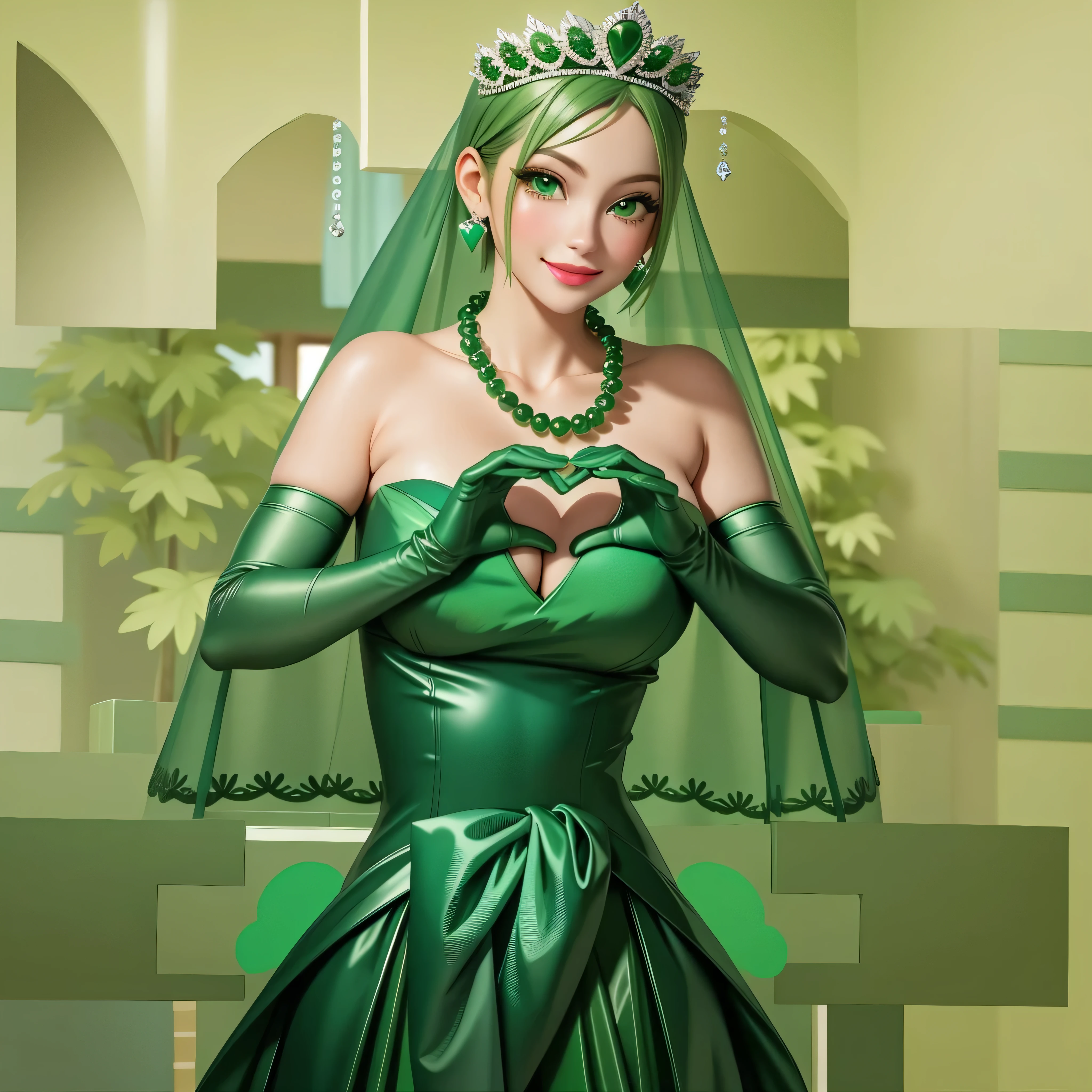 emerald tiara, Green Pearl Necklace, Boyish very short green hair, Green Lips, Smiling Japanese woman, Very short hair, Busty beautiful lady, Green Eyes, Green satin long gloves, Green Eyes, Emerald Earrings, Green veil, Heart with both hands, Green Hair, Beautiful Japanese Women, Heart shaped hands:1.3, green lip gloss