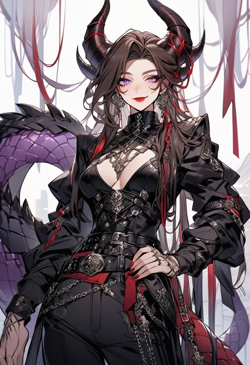 Tall woman, cheeky smile, brunette, hair gathered in a low bun, strands on the sides of face, red and black clothes with open chest, purple eyes, dragon tail and horns, belts, pants, many details, light lipstick