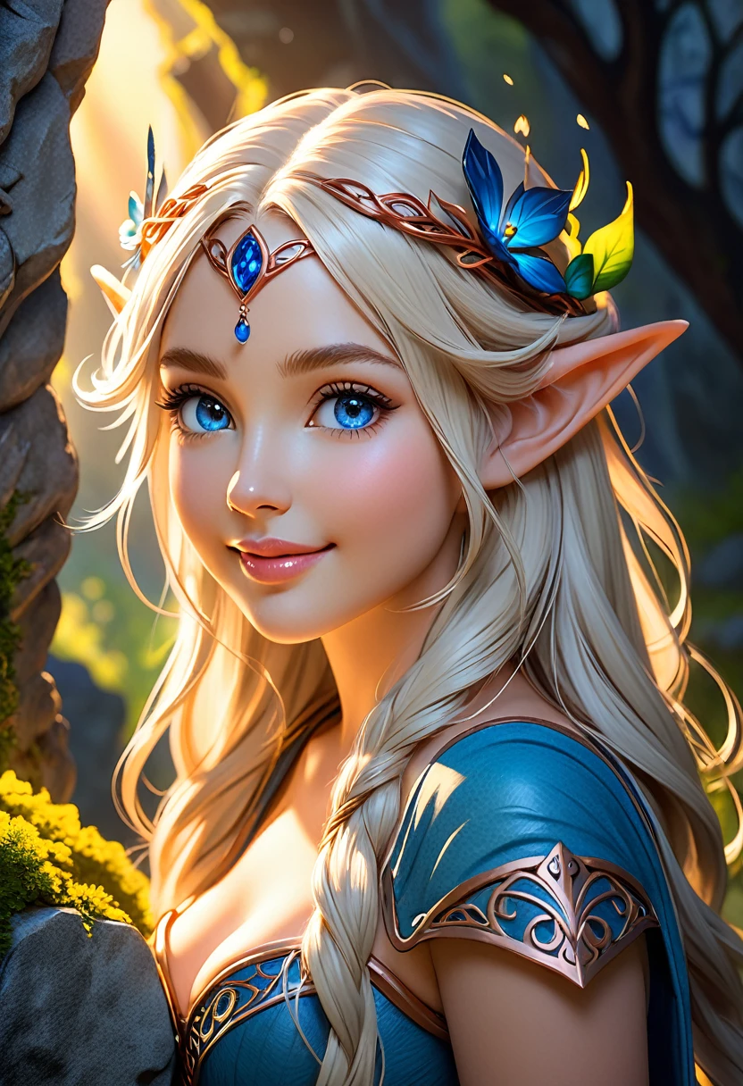 A granite stutue of a beautiful elven maiden. with eyes of saphire. Hair that is made of copper wire. Marble corset. he artwork should be rendered in the style of "Breath of the Wild," featuring warm lighting and shadows. Include graphite shading, stencil marks, and airbrushed acrylic paint effects. The image should be of the highest quality, a masterpiece with intricate details. She should have luscious lips, a wide smile, and bright, expressive eyes, exuding beauty, cuteness, and adorableness. Ensure the image is high resolution and sharply detailed, with a detailed and vibrant background. incorporate mystical lighting in the background, creating a romantic and enchanting atmosphere.