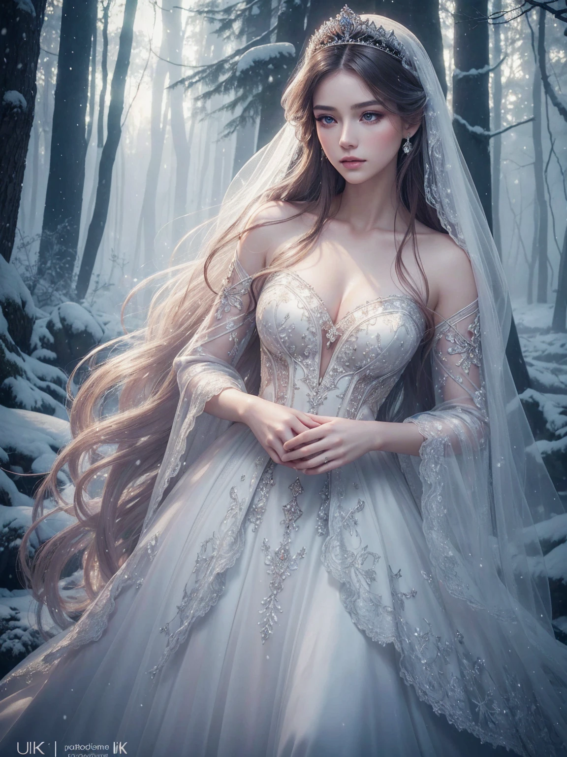 A beautiful young woman with flawless white skin, long dark hair, and a delicate, elegant expression, dressed in a stunning princess gown, standing in a magical forest setting with snow-covered trees, glowing light, and a dreamy, ethereal atmosphere, (best quality,4k,8k,highres,masterpiece:1.2),ultra-detailed,(realistic,photorealistic,photo-realistic:1.37),intricate details,porcelain skin,piercing eyes,full lips,long lashes,high fashion,princess tiara,flowing dress,fantasy forest,soft lighting,mist,glowing,serene,whimsical,fairytale,warm color tones