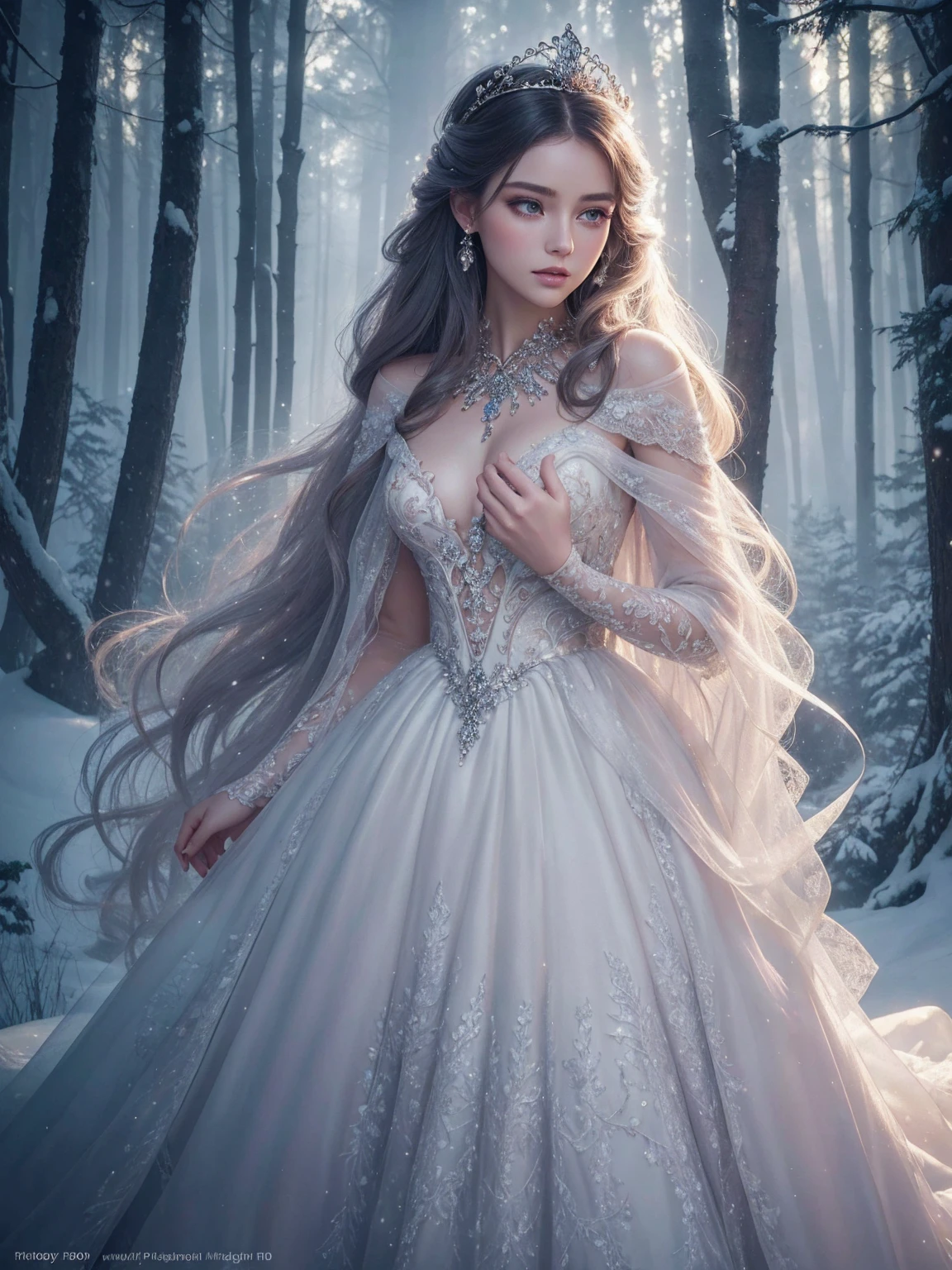 A beautiful young woman with flawless white skin, long dark hair, and a delicate, elegant expression, dressed in a stunning princess gown, standing in a magical forest setting with snow-covered trees, glowing light, and a dreamy, ethereal atmosphere, (best quality,4k,8k,highres,masterpiece:1.2),ultra-detailed,(realistic,photorealistic,photo-realistic:1.37),intricate details,porcelain skin,piercing eyes,full lips,long lashes,high fashion,princess tiara,flowing dress,fantasy forest,soft lighting,mist,glowing,serene,whimsical,fairytale,warm color tones