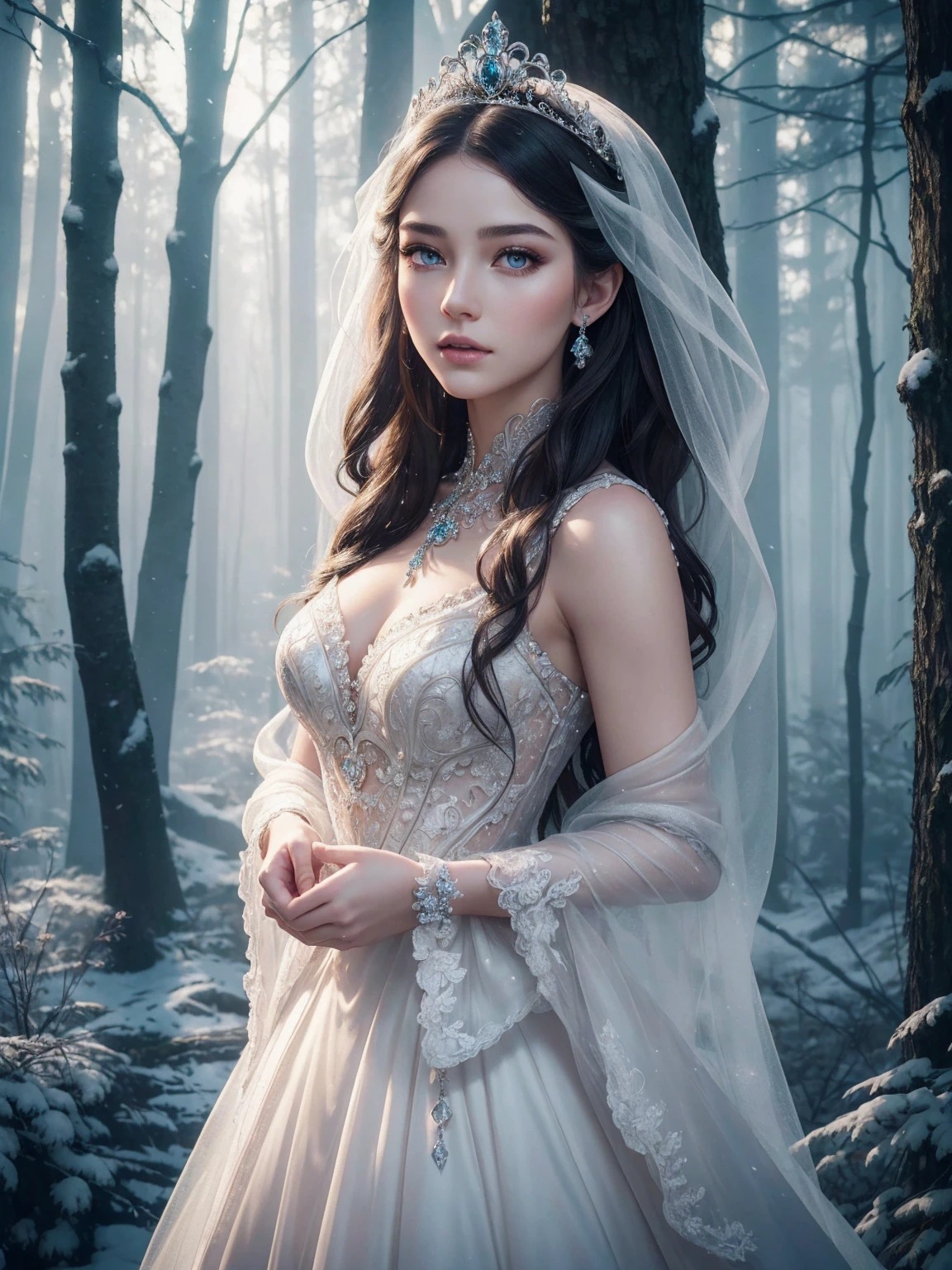 A beautiful young woman with flawless white skin, long dark hair, and a delicate, elegant expression, dressed in a stunning princess gown, standing in a magical forest setting with snow-covered trees, glowing light, and a dreamy, ethereal atmosphere, (best quality,4k,8k,highres,masterpiece:1.2),ultra-detailed,(realistic,photorealistic,photo-realistic:1.37),intricate details,porcelain skin,piercing eyes,full lips,long lashes,high fashion,princess tiara,flowing dress,fantasy forest,soft lighting,mist,glowing,serene,whimsical,fairytale,warm color tones