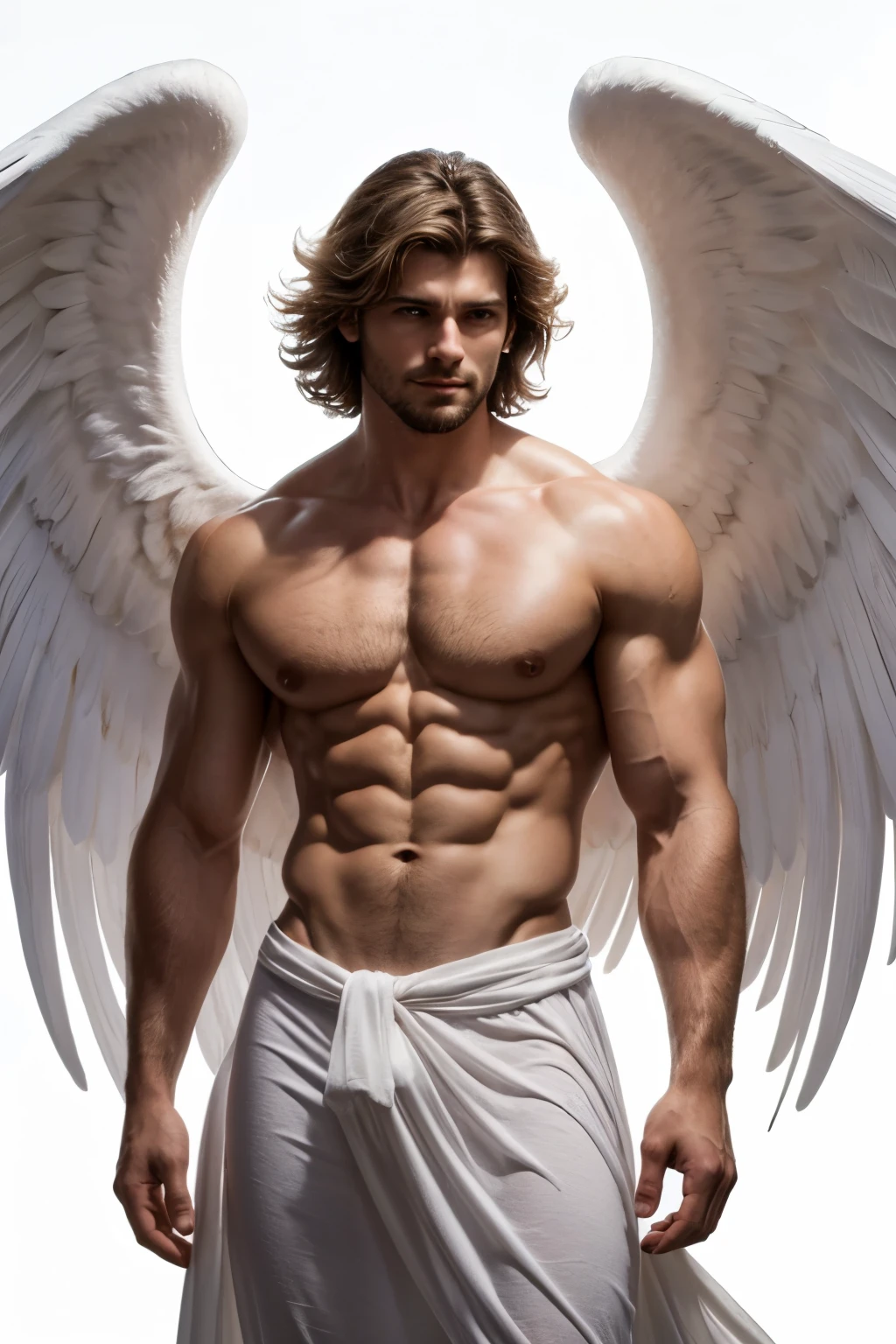 Describir en detalle la figura de un hombre, Archangel with angelic features turned completely to the left. torso denudo, grandes musculos, Como el pelo blanco, largo y liso, Las alas blancas y angelicales en su espalda, as well as its extremely striking beauty, encanto, The elegance and the angelic feeling that emanates from it. Imagine it on a stage with a white background, bathed in a radiant light, and explores how these elements combine to create a captivating, heavenly image.. (Hombre)